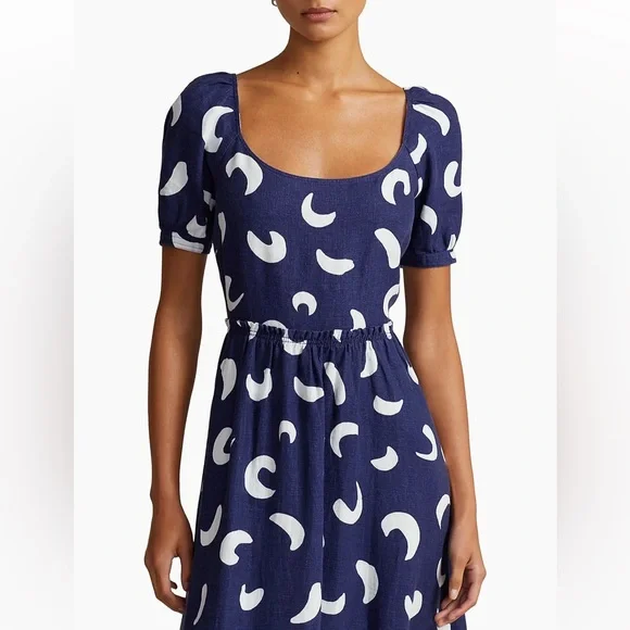 NWT Polo Ralph Lauren Brushstroke-Motif Tiered Blue White Linen Dress Size 18